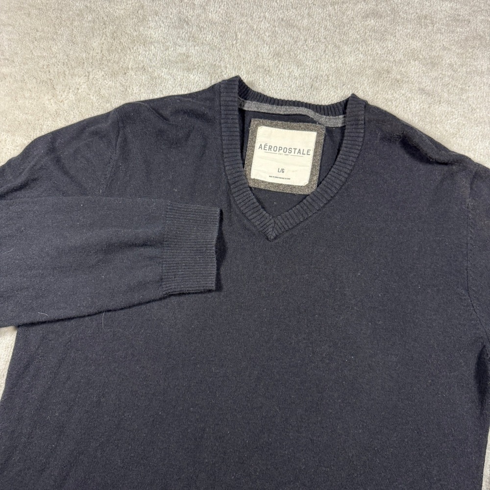 Aeropostale Sweater Mens Large Black V-Neck Pullover Cotton Wool Blend‎ Ribbed